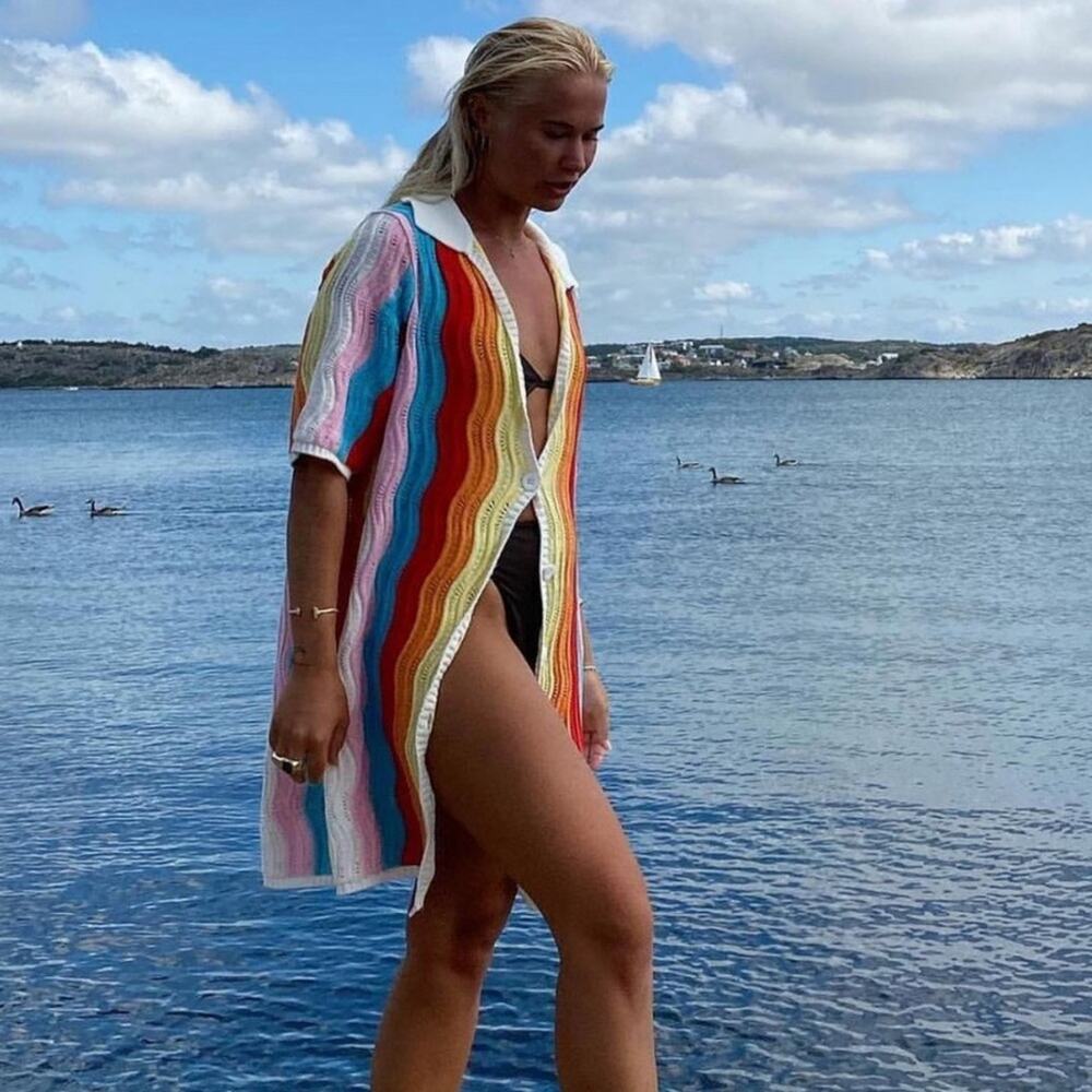 Steele Julio Polo Oversized Knit Shirt Dress Multicolor Stripes OS Resortwear